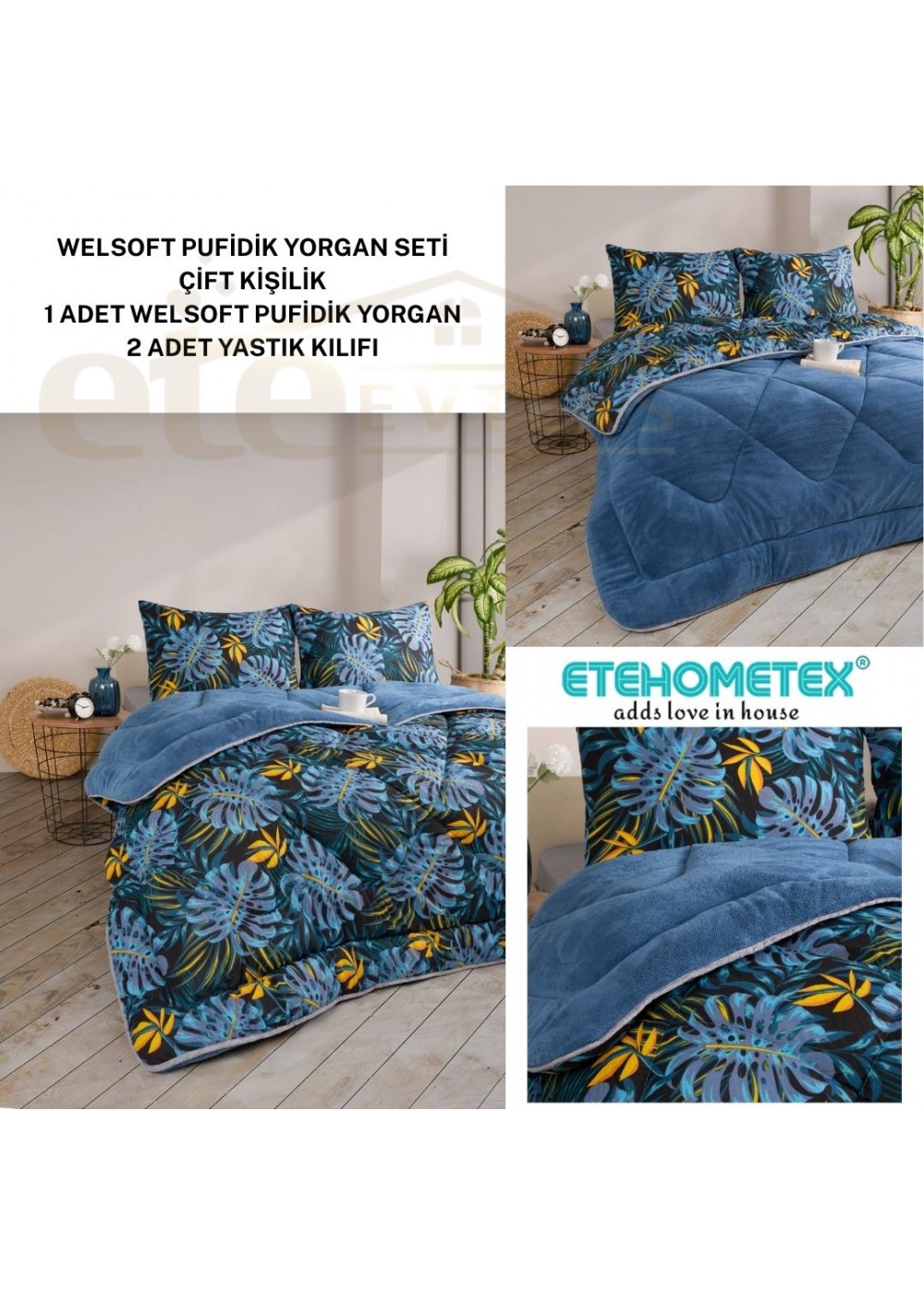 ETE HOMETEX ÇİFT KİŞİLİK LÜX WELSOFT YORGAN SETİ 195X215CM MONESTERA İNDİGO 8696474231953